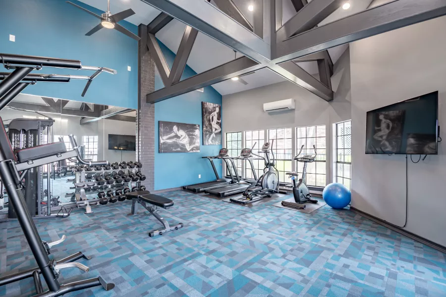 Modern gym with blue and grey carpet, various weights, cardio machines, and a blue exercise ball under a beamed ceiling.