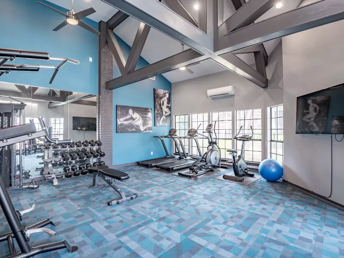 Modern gym with blue and grey carpet, various weights, cardio machines, and a blue exercise ball under a beamed ceiling.