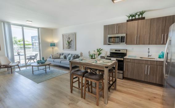 Bright, open-plan living room with gray sofa, blue rug, and a modern kitchen with wood cabinets and island.