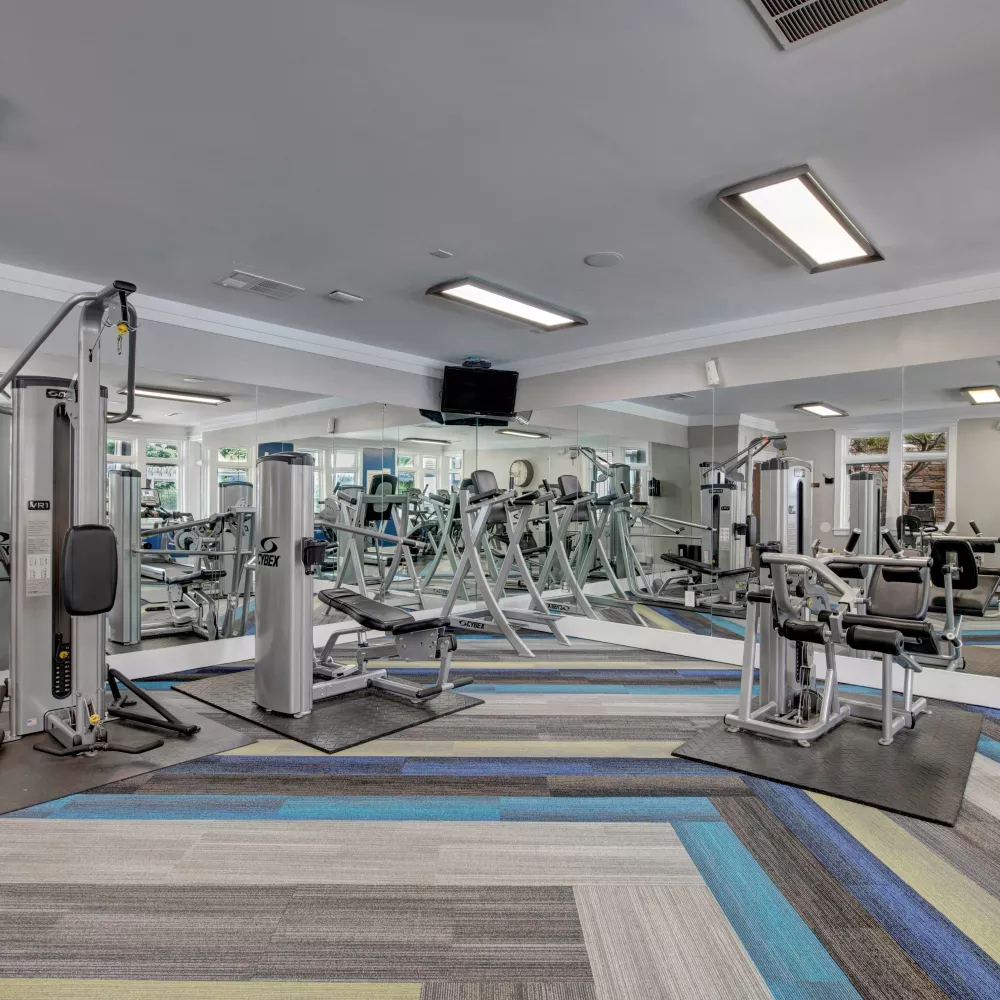 Spacious fitness center featuring a variety of strength-training machines, free weights, and bright lighting, creating a well-equipped and modern workout space for residents.