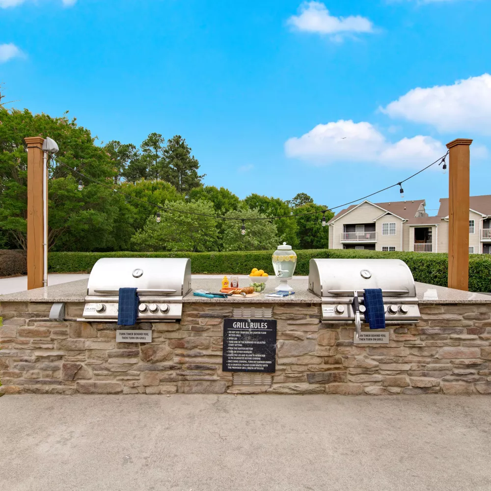  Outdoor grilling station with stainless steel barbecues, a stone countertop, and surrounding greenery, providing a perfect setting for outdoor cooking and gatherings.