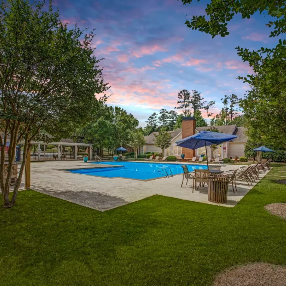A wide view of the outdoor pool surrounded by lounge seating, lush greenery, and blue skies.