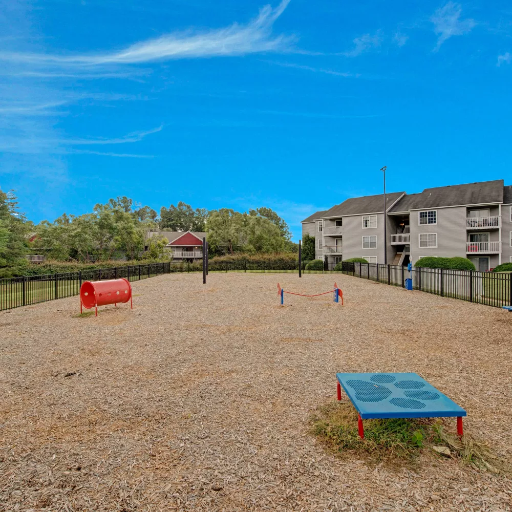 A close-up view of the bark park with agility equipment and open space for dogs to play.