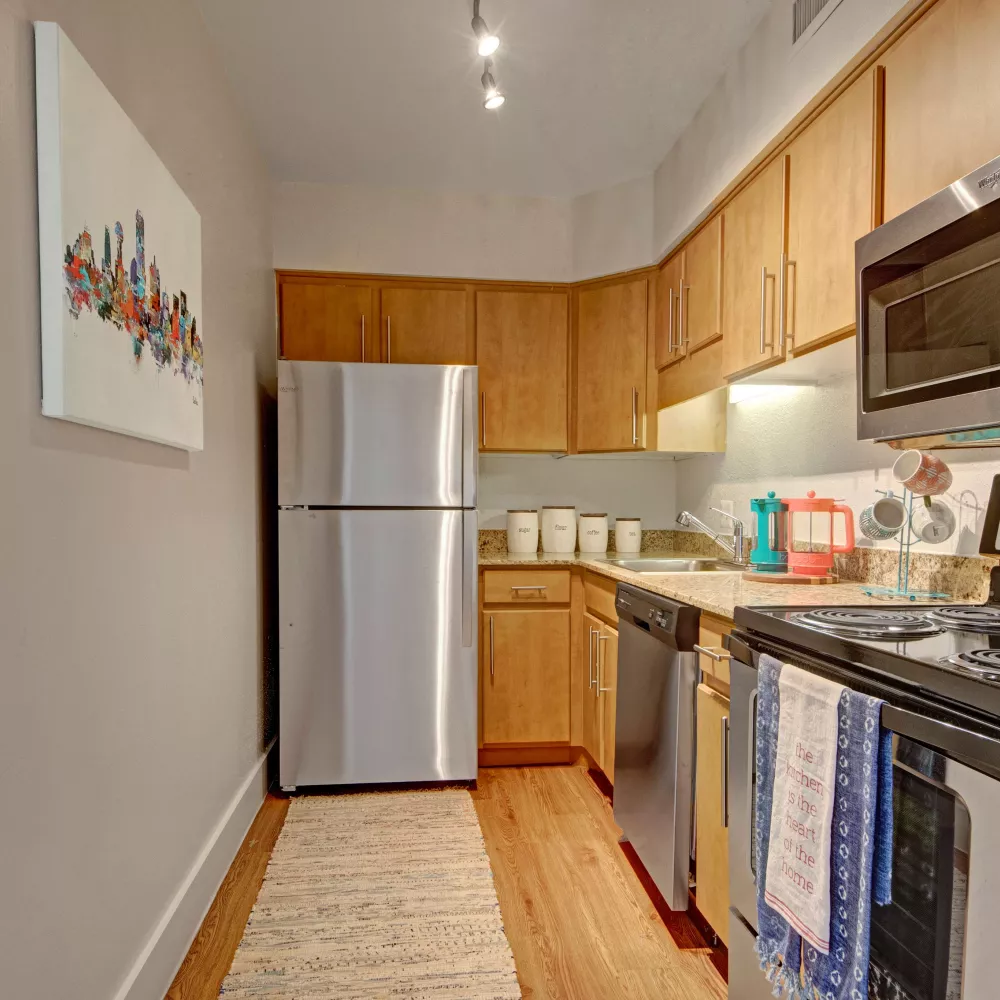 Contemporary galley kitchen with light wood cabinetry, stainless steel appliances, granite countertops, and a cozy decorative rug on wood-style flooring.