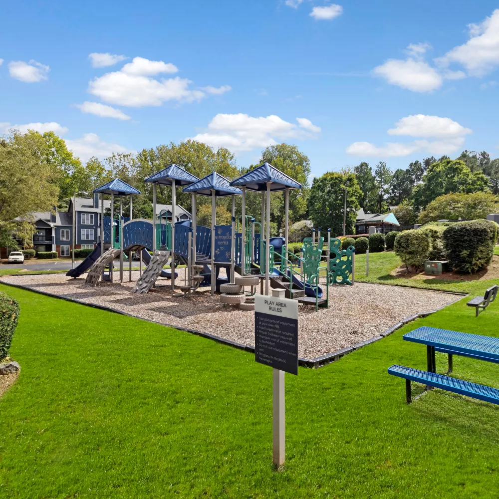 Sunny outdoor playground featuring blue and green equipment on wood chips, surrounded by lush green grass, trees, and a picnic table.