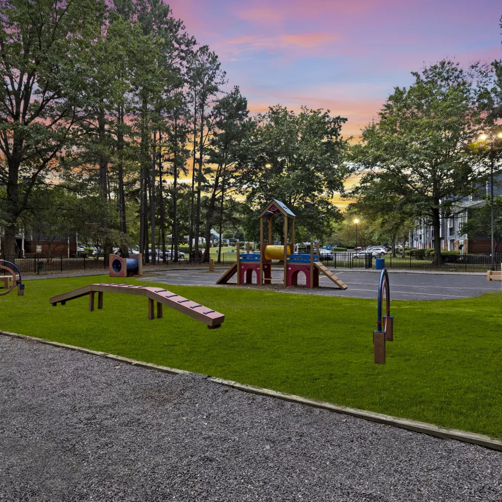 Green park with a dog agility course and a colorful children's playground under a beautiful sunset sky.