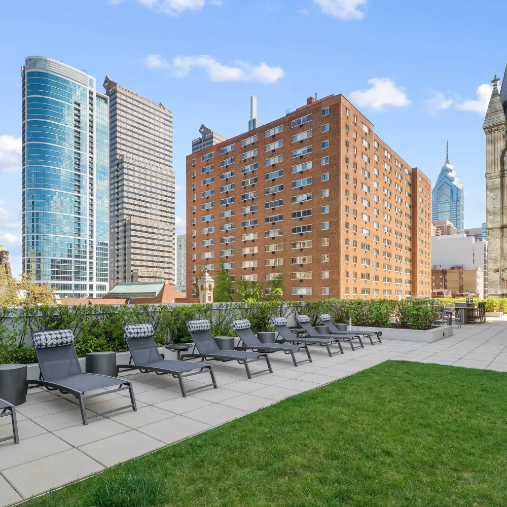 Outdoor lounge area featuring modern chaise lounges, decorative pillows, and lush green lawn with city views.