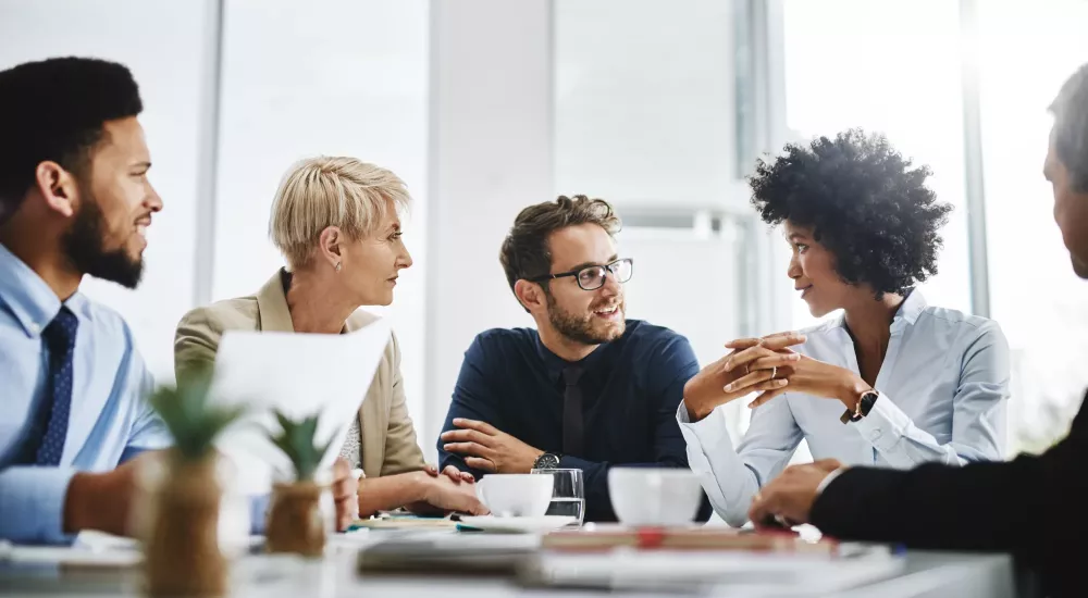 **Alt text:** "Diverse group of professionals engaged in a discussion around a conference table in a modern office setting. A woman with curly hair is speaking while others attentively listen, fostering collaboration. The room is filled with natural light from large windows, and the setting includes coffee cups, documents, and small plants, reflecting a productive business meeting."
