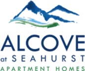 Logo: Alcove at Seahurst Apartment Homes, featuring a graphic of blue mountains over green land and water.