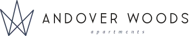 Andover Woods Apartments logo, with a crown-like graphic and text in dark gray.