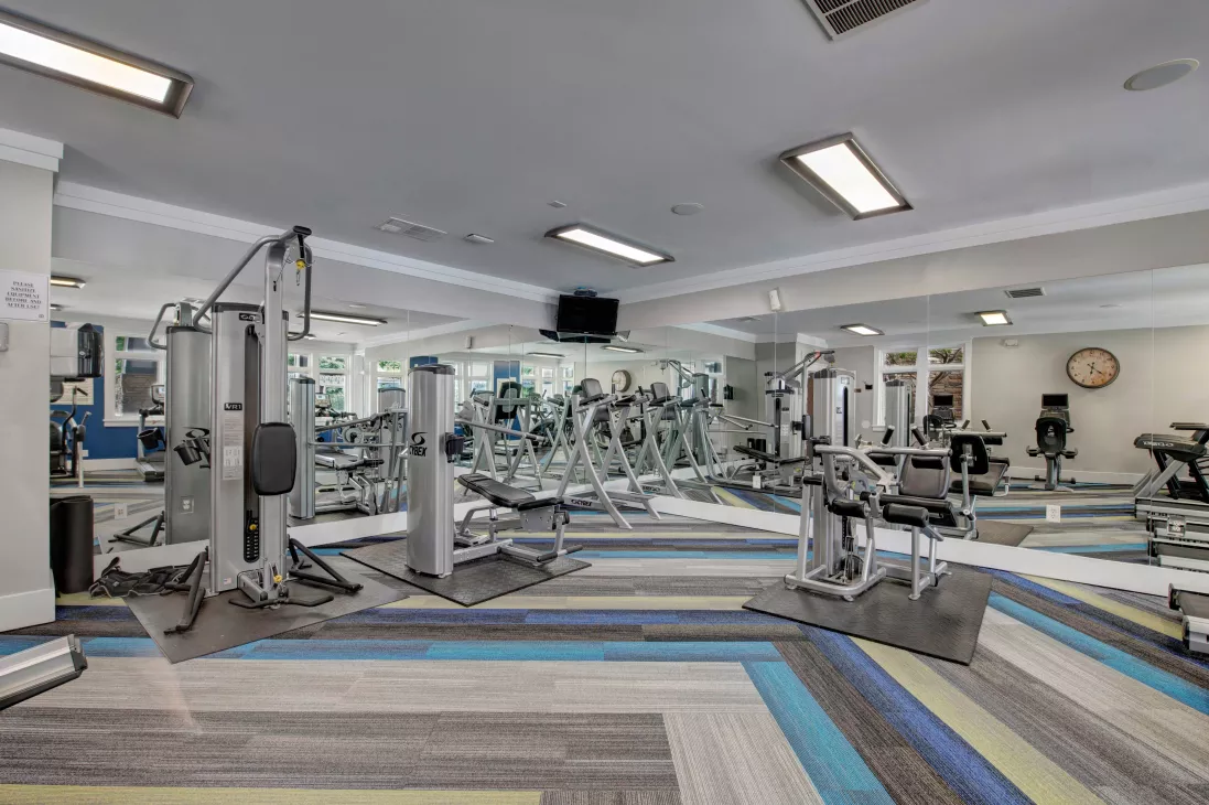Spacious fitness center featuring a variety of strength-training machines, free weights, and bright lighting, creating a well-equipped and modern workout space for residents.