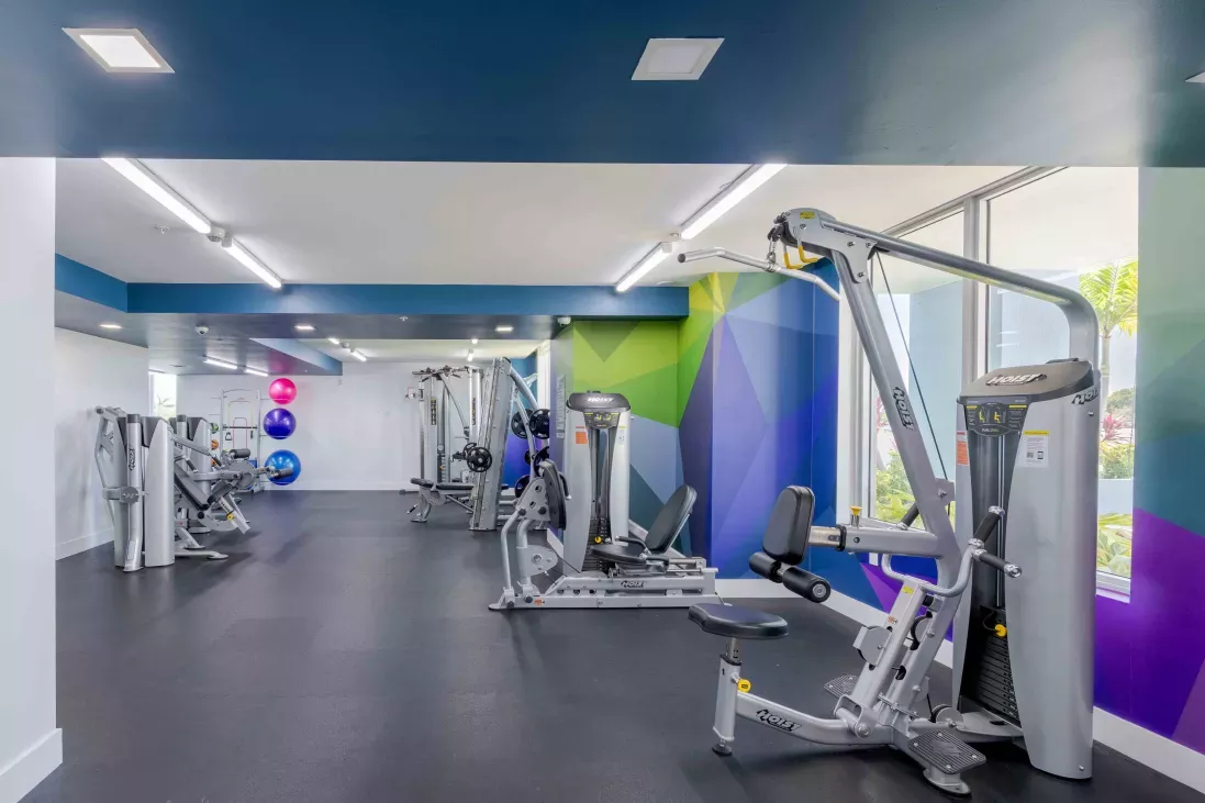 Bright, modern gym with gray weight machines, a dark floor, colorful geometric wall mural, and large windows.