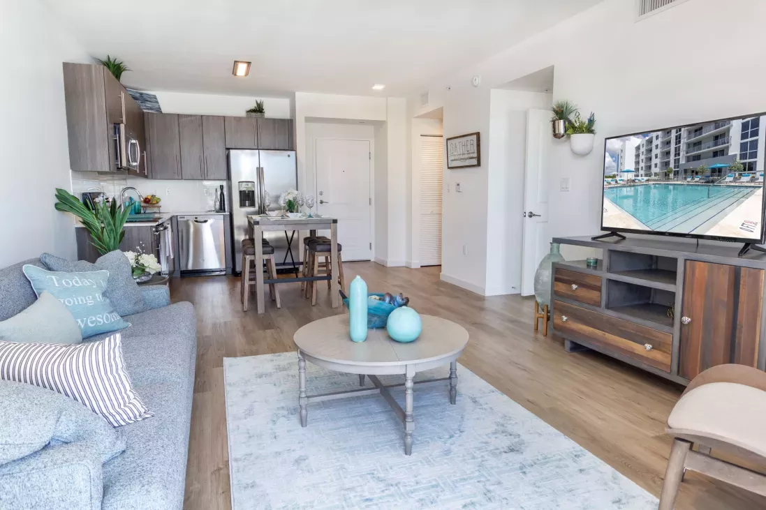 Bright open-concept living room and kitchen. Gray sofa, blue rug, wood furniture, and TV displaying a pool scene.