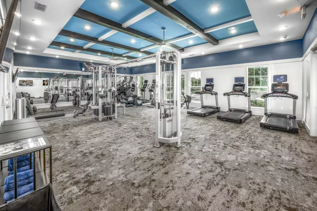 Spacious gym with a blue coffered ceiling, dark beams, treadmills, weight machines, and mirrored walls.